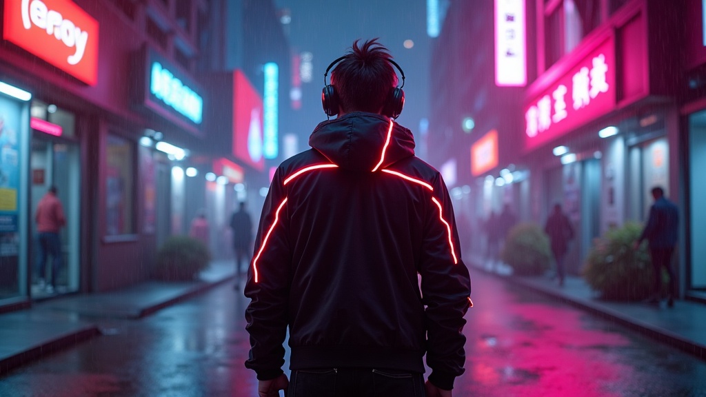 Watak gamer cyberpunk berdiri di lorong bandar bercahaya neon magenta dan cyan